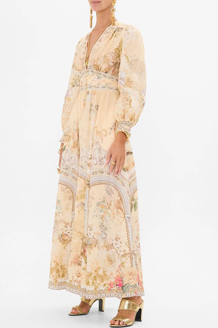Printed V-neck Long-sleeved Puff Sleeve Waist Maxi Dress
