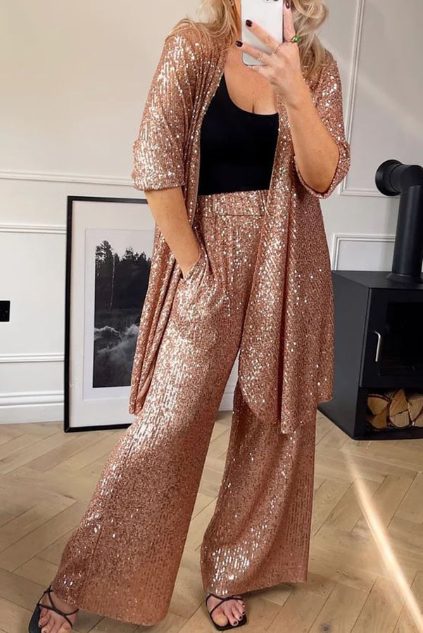 Be The Show Star Sequin Elastic Waist Pocketed Flare Pants