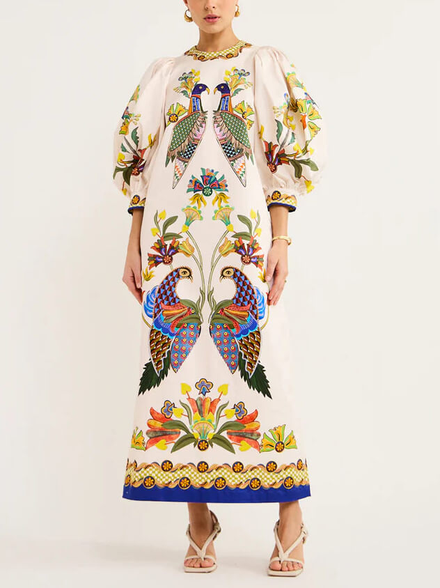 Robe midi ample et décontractée à manches bouffantes, imprimée, exquise et amusante