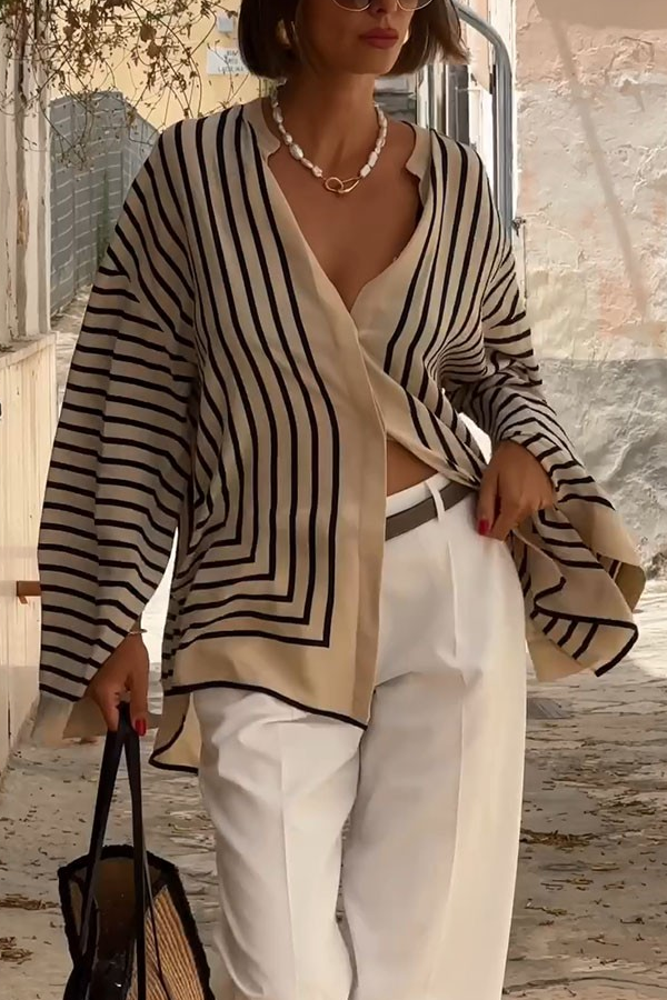 Fashionable and versatile striped slit casual shirt Black