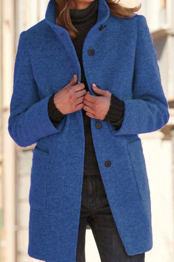 Retro Solid Color Button Stand Collar Wool Jacket Navy blue