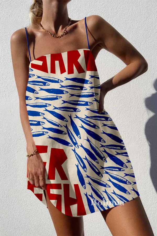 Vintage Sardine Print Mini Dress Blue