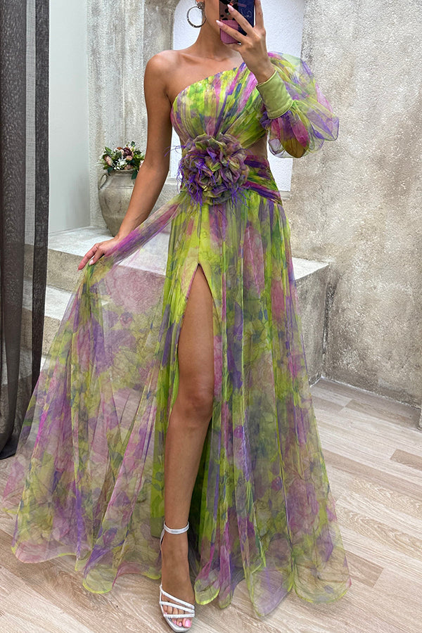 Picturesque Beauty Tulle Floral Pleated One Shoulder Sleeve Slit Maxi Dress Green
