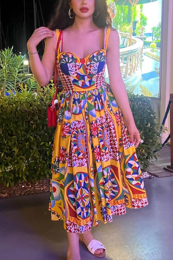 Unique Sunset Walk Ethnic Pattern Print Backless Midi Dress