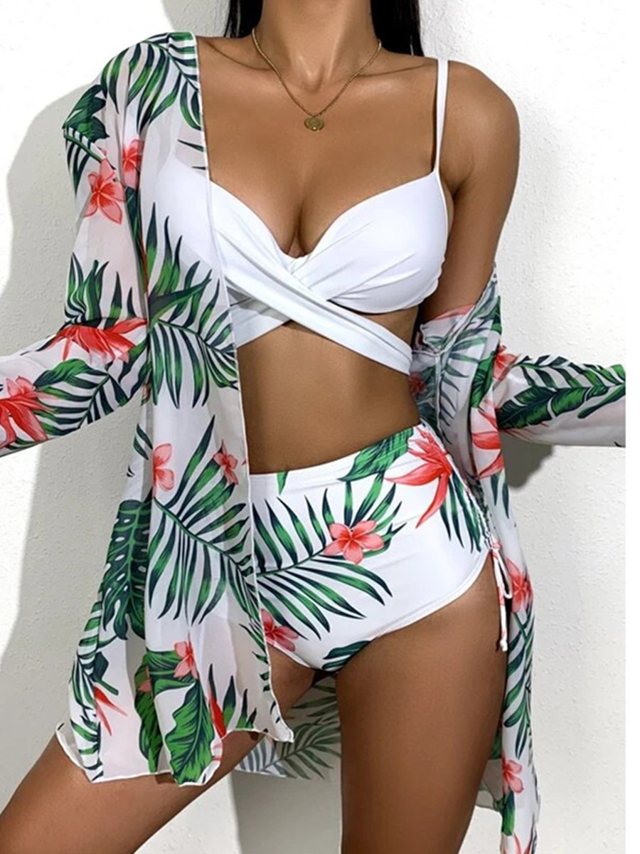 European And American Floral Bikini Three Piece Set Green
