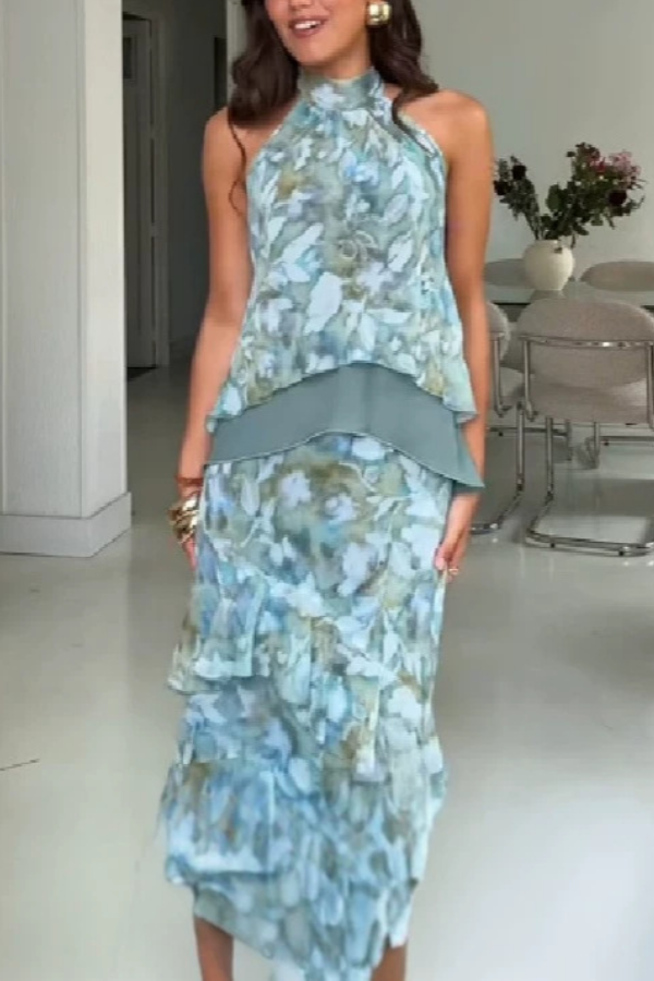 Watercolor Print Halter Ruffle Vacation Two‑Piece Set