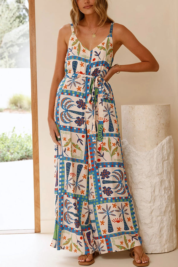 Unique Beach Vacation Print V-neck Suspenders Casual Wide-leg Jumpsuit Multicolor
