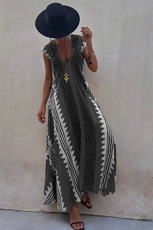 Beach Dates Ethnic Print A-line Maxi Dress Grey