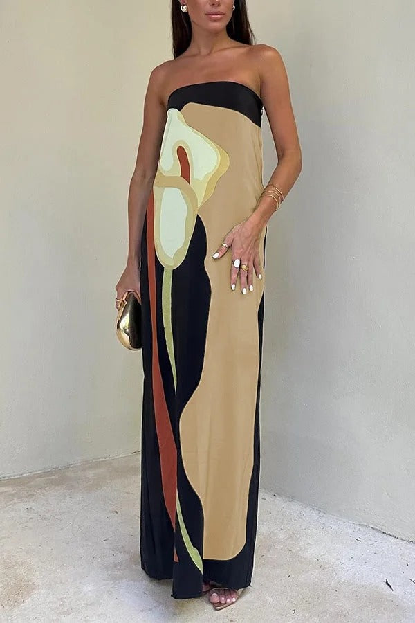 Jaime Abstract Floral Print Elasticated Off Shoulder Vacation Loose Maxi Dress Khaki