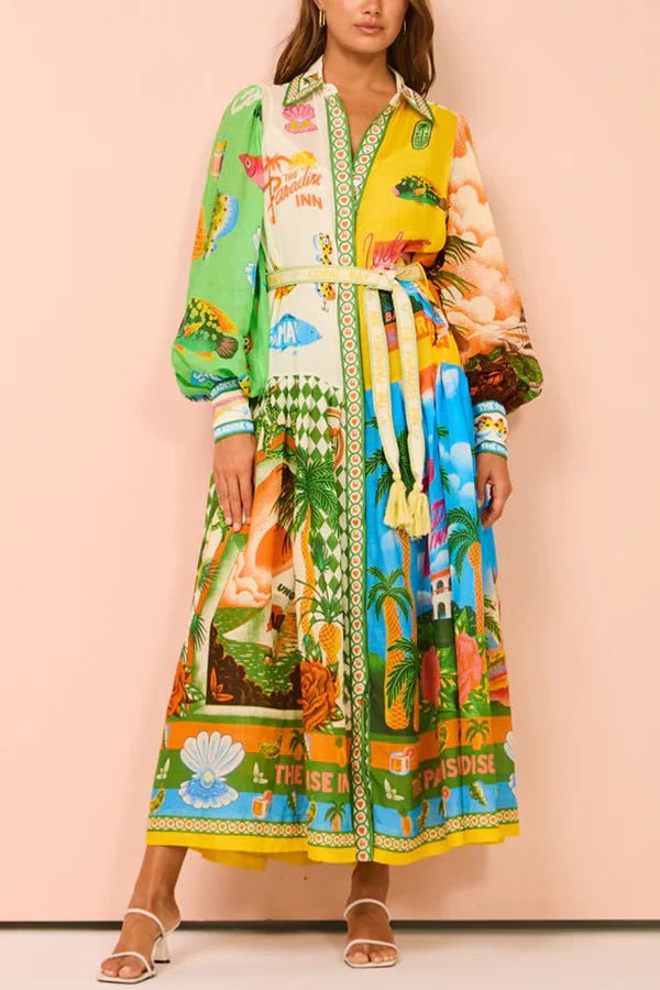 A World of Colour Unique Print Balloon Sleeve Belt Shirt Midi Dress Multicolor