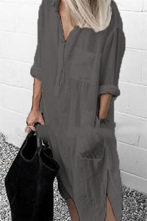 Elegant Solid Color Slit Shirt Dress Grey
