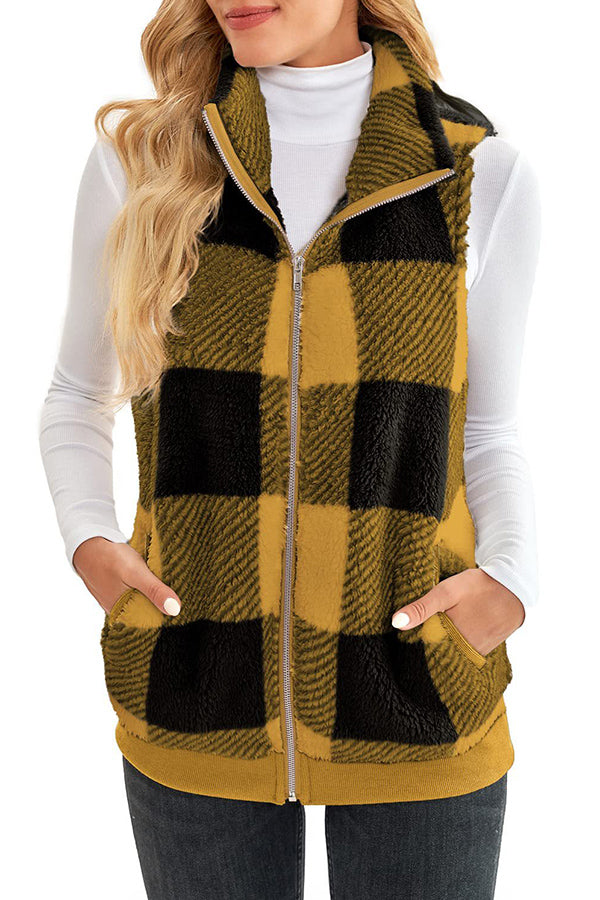 Plaid thickened double-sided velvet cardigan vest stand collar sleeveless vest jacket Yellow