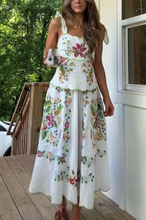 Tropical Romance Printed Tie-up Cutout Waist Midi Dress White