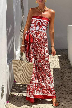 Red & White Majolica Print Halter Swimsuit with Matching Sarong Set