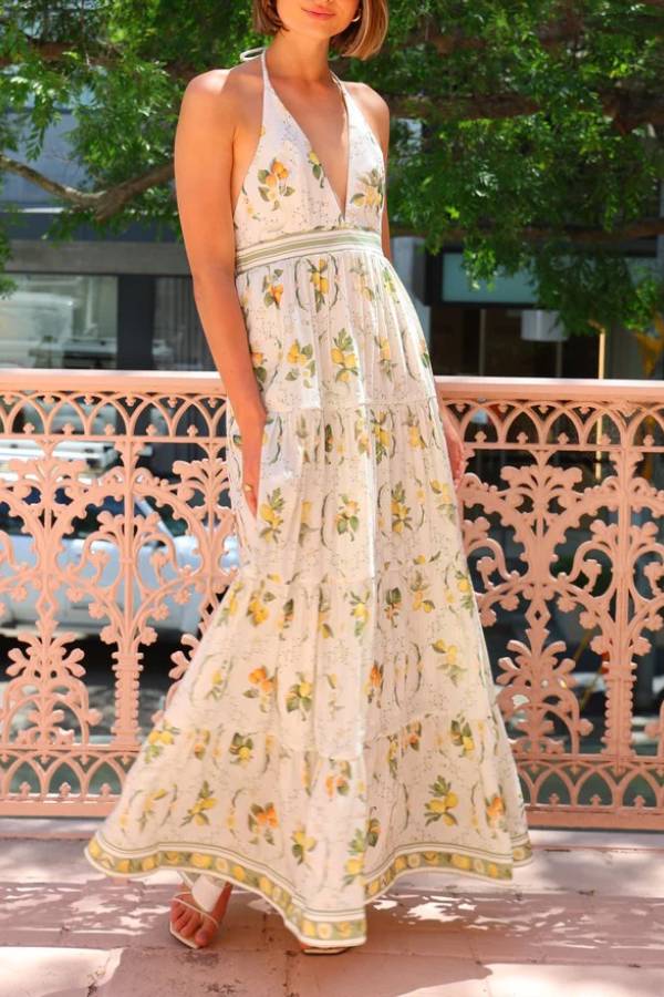 Lemon Print Halter Open Back Tiered Maxi Vacation Dress