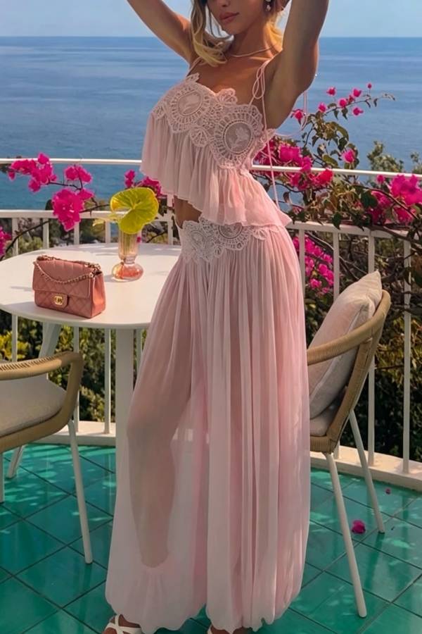 Dreamy Crinkle Chiffon Lace Trim Tank and High Rise Loose Lantern Pants Set