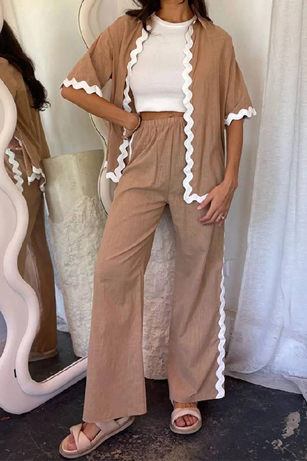 Casual Solid Color Shirt and Pants Suit Brown