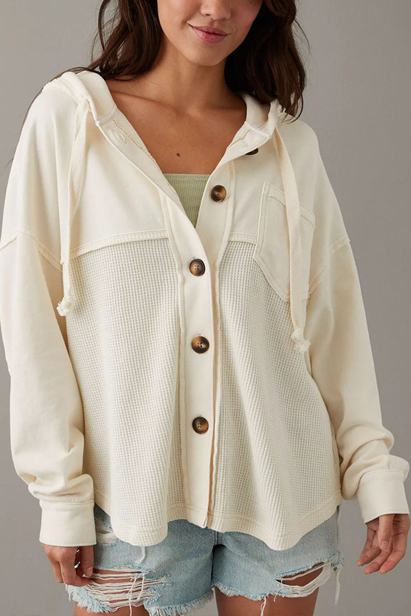 Hooded casual solid color long-sleeved top White