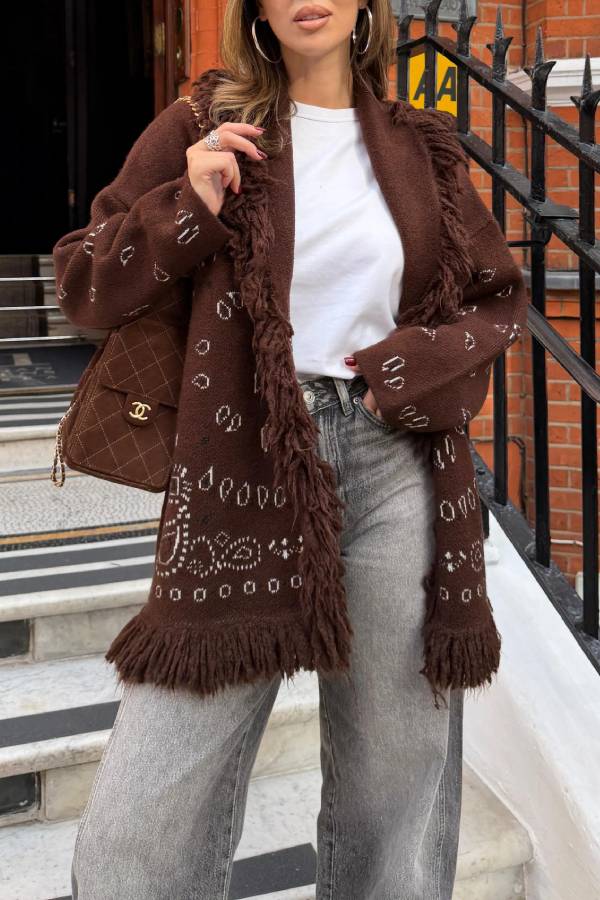 Multi-color Bandana Jacquard Fringe Belted Knit Cardigan