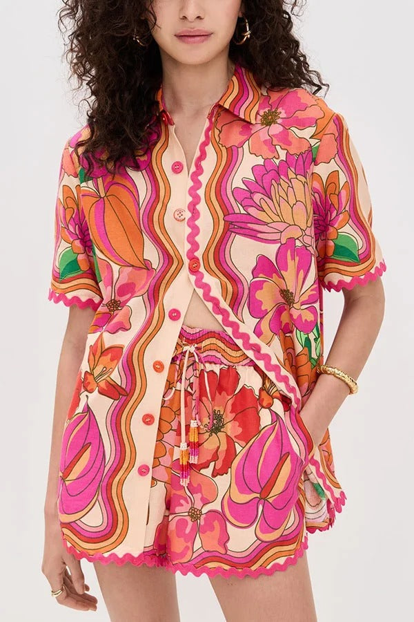 Neima Unique Print Wave Trim Button Up Short Sleeve Shirt and Elastic Waist Pocket Loose Shorts Set