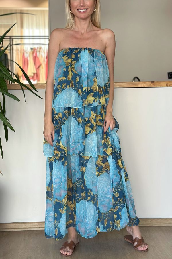 Robe longue sans bretelles à volants superposés et imprimé floral contrasté Cecily 