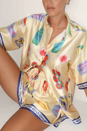 Unique Print Casual Lapel Cardigan Shorts Set