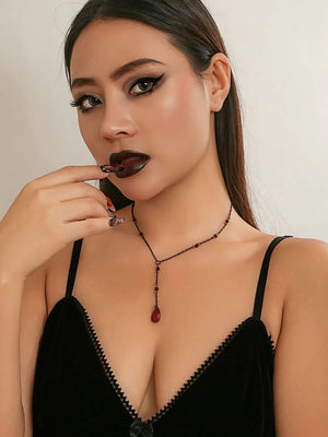 Gothic Black Teardrop Crystal Chest Chain Necklace White one size