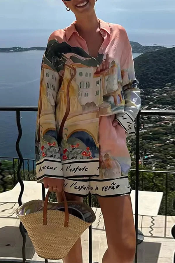 Ensemble chemise ample à manches longues et revers à imprimé unique et short décontracté à poches et taille élastique 