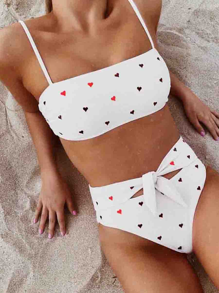 Little Red Heart Print Two pieces Swimsuit( 3 Colors) White