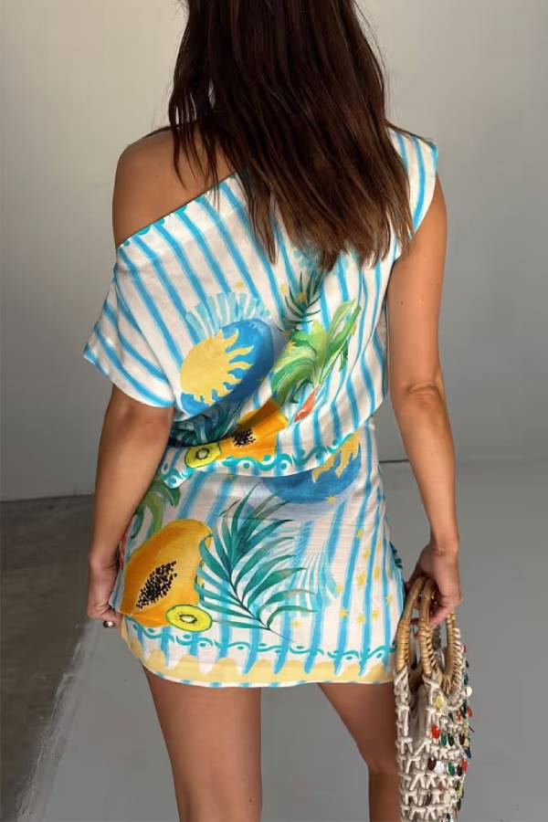 See You in Rio Tropical Fruits Print One Shoulder Wide Sleeve Loose Shirt