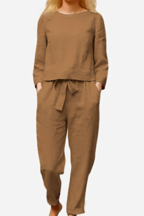 Retro Monochrome Linen Two-Piece Set Khaki