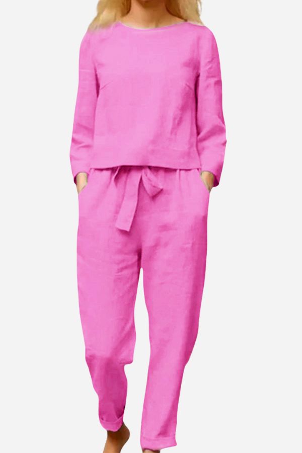 Retro Monochrome Linen Two-Piece Set Pink
