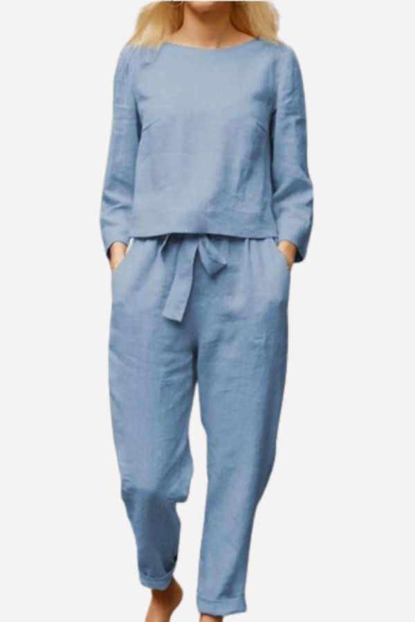 Retro Monochrome Linen Two-Piece Set LightBlue