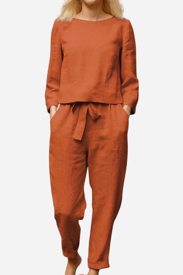 Retro Monochrome Linen Two-Piece Set Rusty Orange