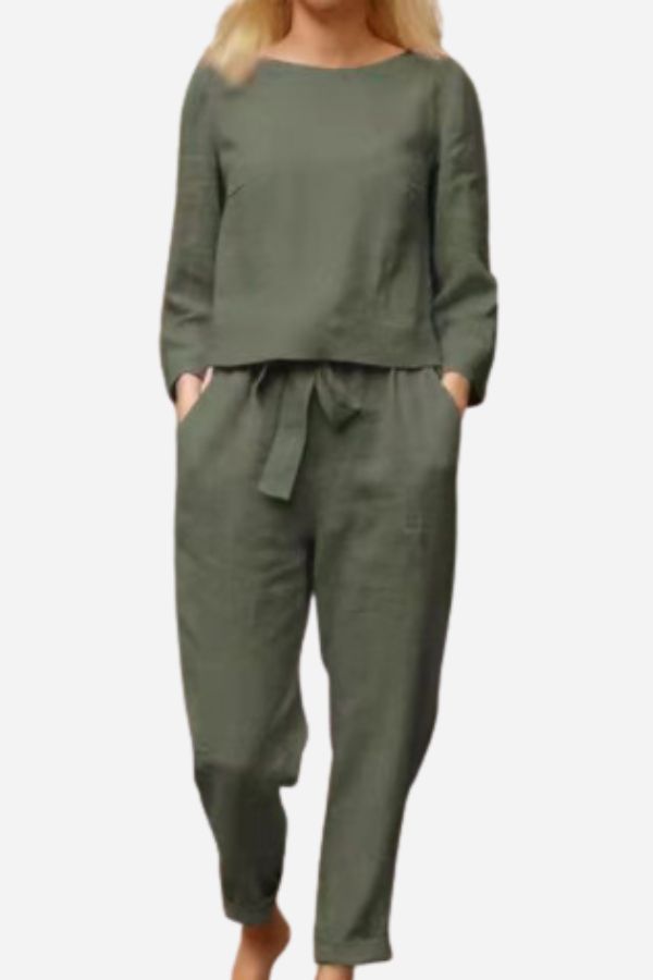 Retro Monochrome Linen Two-Piece Set Army Green