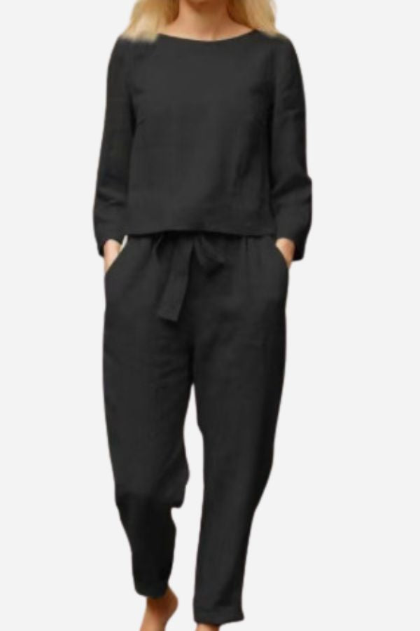Retro Monochrome Linen Two-Piece Set Black