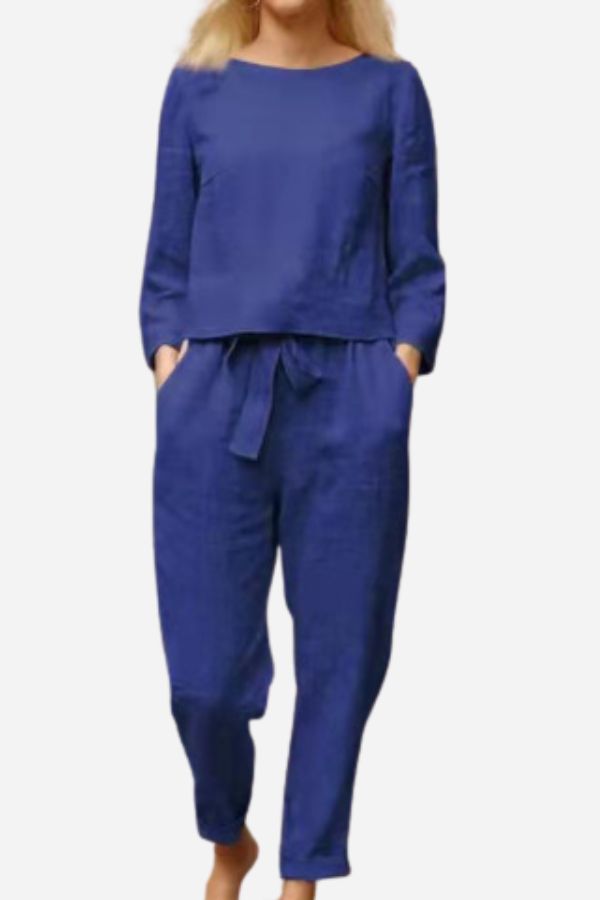 Retro Monochrome Linen Two-Piece Set Royal Blue