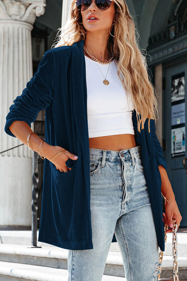 It's Just A Crush Pocketed Velvet Blazer Navy blue
