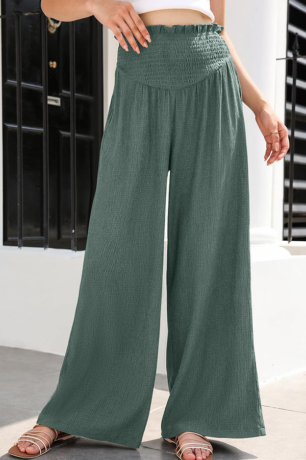 Cotton and linen distressed mid-rise wide-leg trousers Green