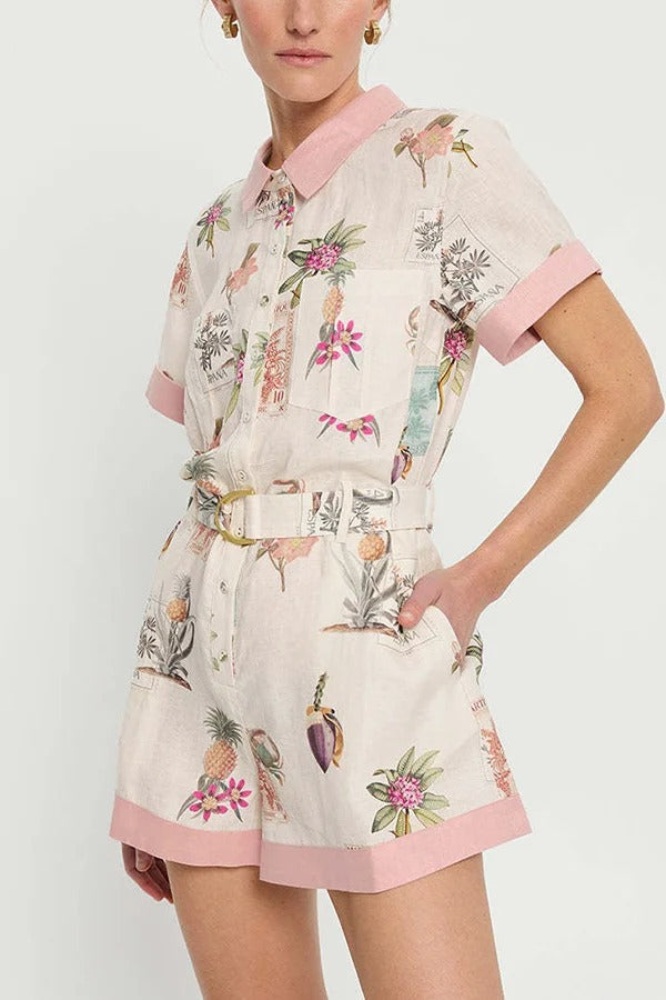 Plant Print Lapel Short Sleeves Loose Pocket Waist Tie Casual Rompers