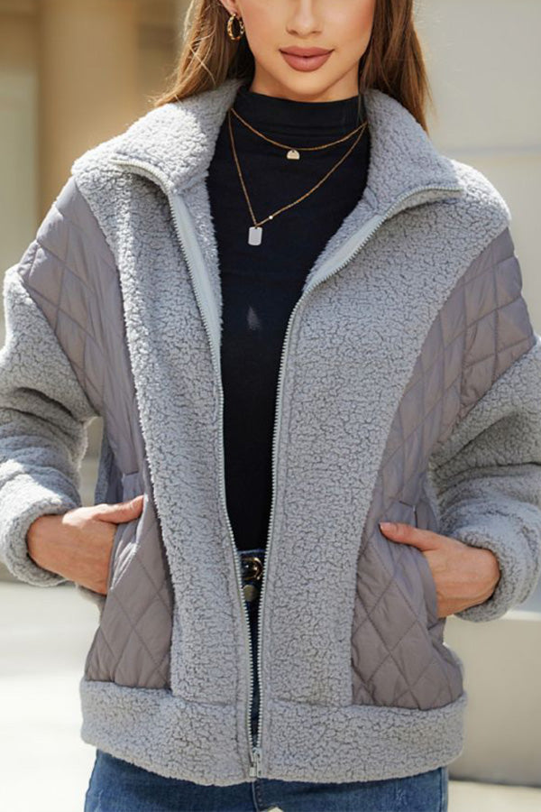Fashion long sleeve cardigan zipper plush patchwork women's jacket Grey M