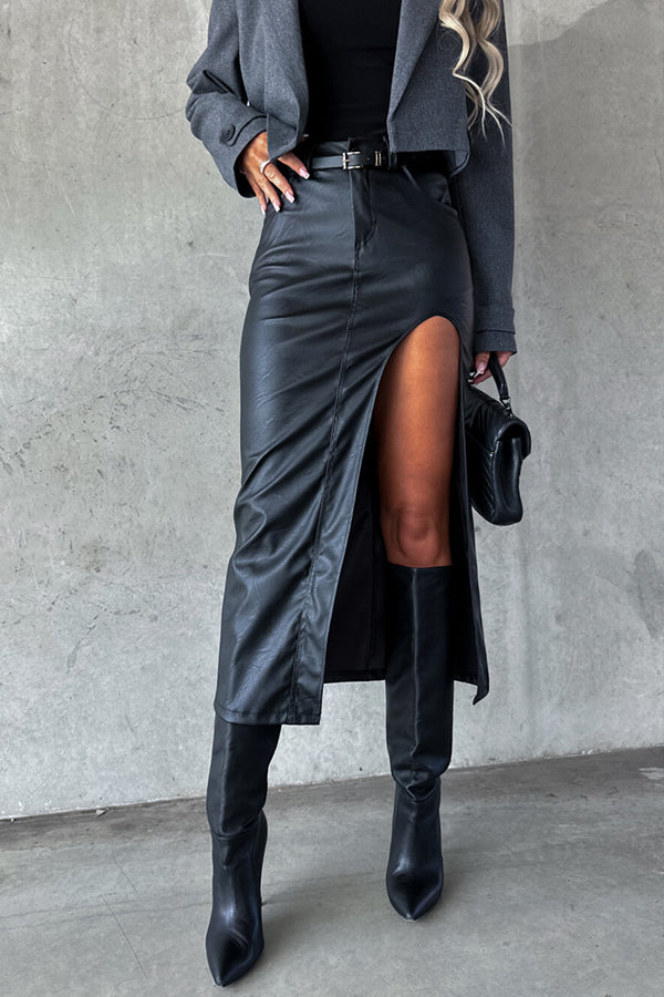 After Dark Faux Leather High Waist Slit Irregular Midi Skirt Black