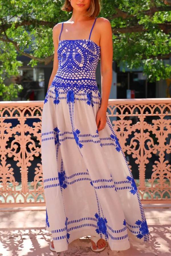 Blue-and-White Geometric Print Strapless Maxi Dress