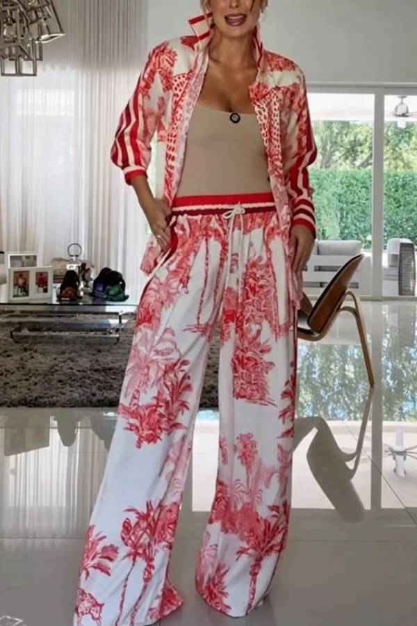 Esella Satin Jungle Print Long Sleeve Shirt and Elastic Waist Pocket Wide Leg Pants Set
