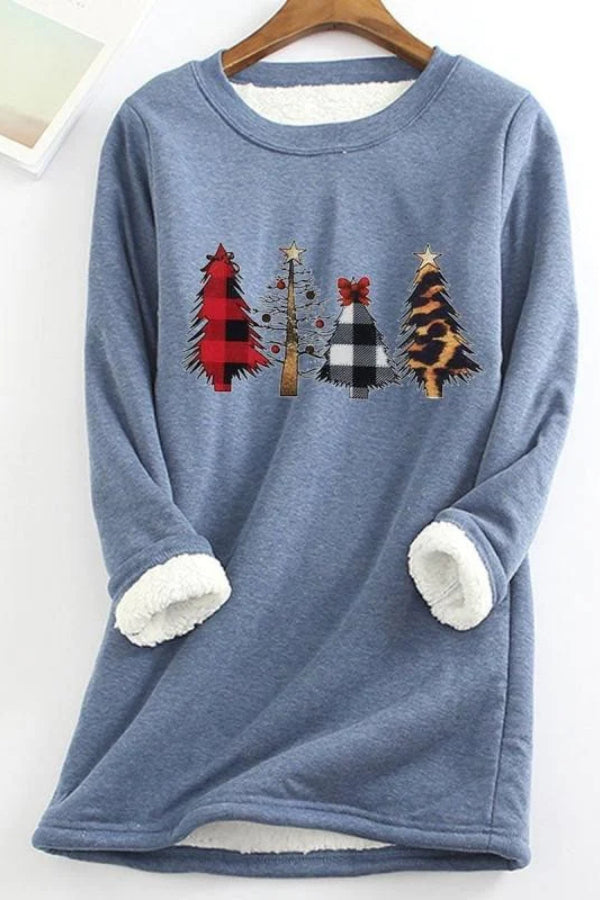 Warm Christmas Tree Print Long Sleeve Shirt Thermal Underwear Blue