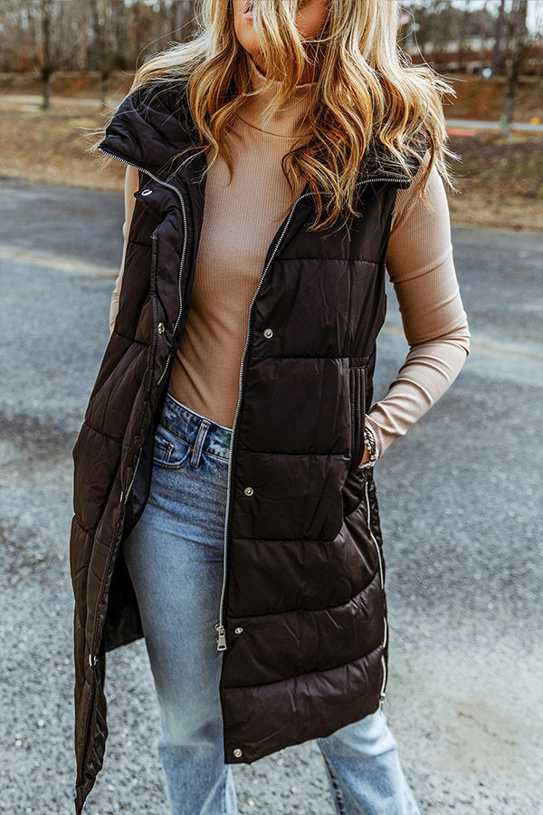 Hooded Pocketed Quilted Long Vest Coat Black