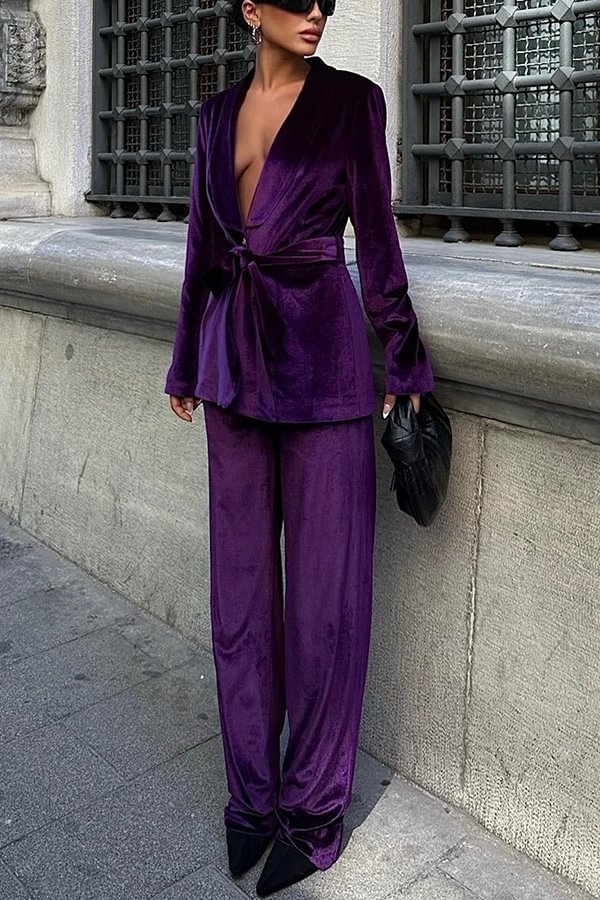 Cool Girl Energy Velvet Long Sleeve Belted Lapel Coat and Elastic Waist Pocketed Loose Pants Set Purple