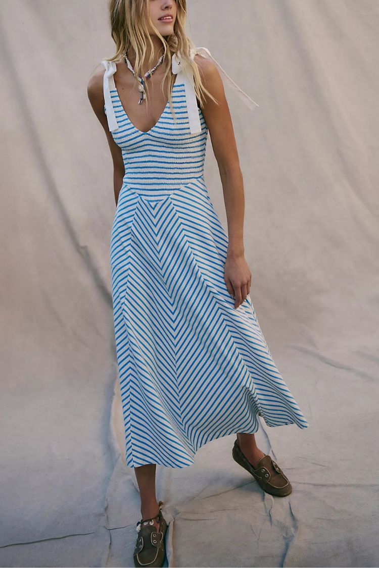 Linen Blend Solid Color V-neck Short Sleeve Waist Loose Slit Midi Dress Blue