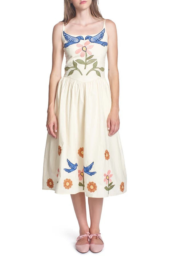 Embroidered Printed Suspenders Pleated Holiday Midi Dress