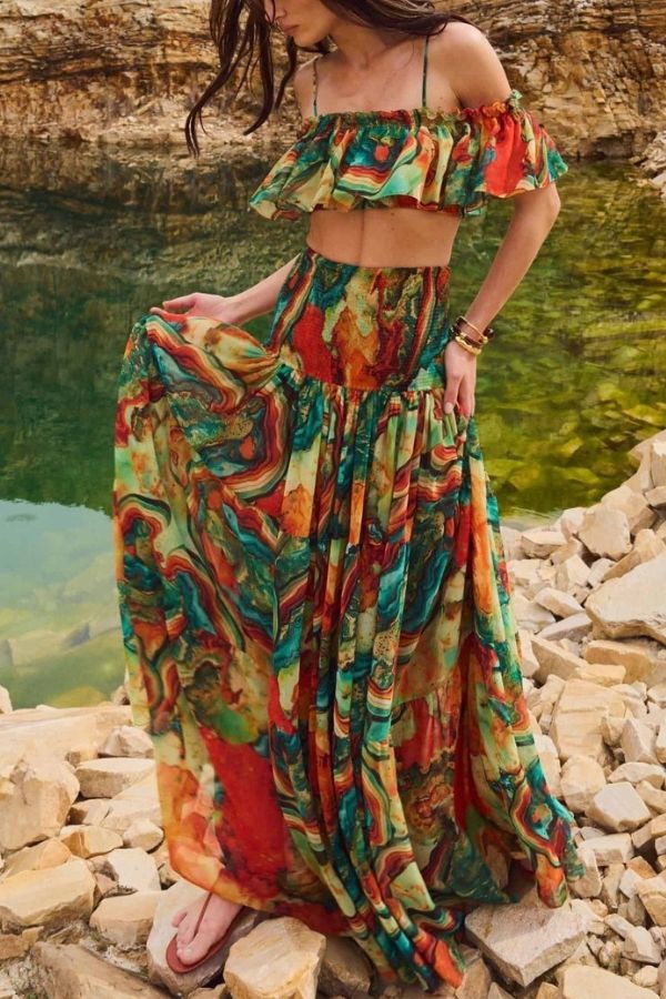 Ocean Views Colorful Lava Print Ruffle Crop Tank and Smocked Hidh Rise Maxi Skirt Set